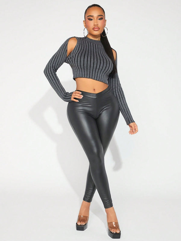SXY Jersey Corto De Hombros Descubiertos De Punto Acanalado Para Mujer