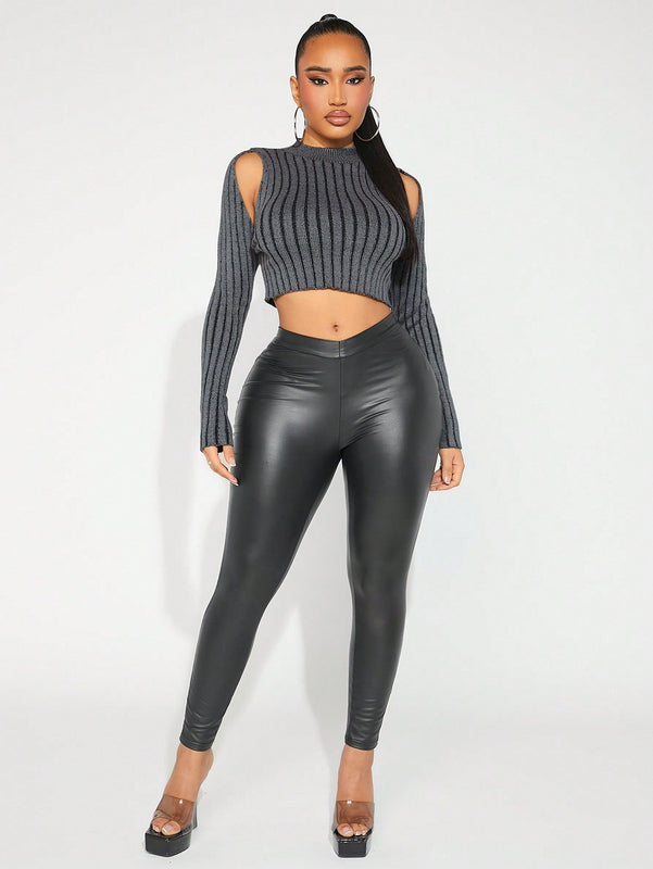SXY Jersey Corto De Hombros Descubiertos De Punto Acanalado Para Mujer