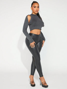 SXY Jersey Corto De Hombros Descubiertos De Punto Acanalado Para Mujer