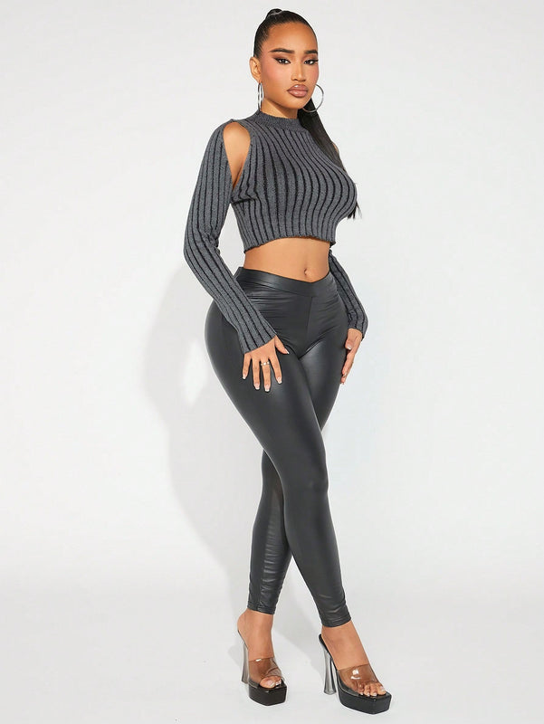 SXY Jersey Corto De Hombros Descubiertos De Punto Acanalado Para Mujer