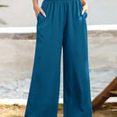 Essnce pantalones casuales sueltos de pierna ancha con bolsillos y cintura fruncida de unicolor para mujeres