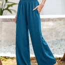 Essnce pantalones casuales sueltos de pierna ancha con bolsillos y cintura fruncida de unicolor para mujeres