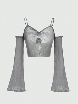 ROMWE Goth Sueter de mujer con hombros al descubierto y tejido calado, con mangas acampanadas y dobladillo enrollado, perfecto para vacaciones