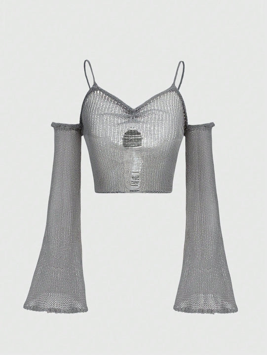 ROMWE Goth Sueter de mujer con hombros al descubierto y tejido calado, con mangas acampanadas y dobladillo enrollado, perfecto para vacaciones