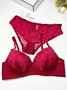 Conjunto De Ropa Interior Para Mujer De Brasier Con Encaje Floral Con Aros Y Calzoncillos Triangulares