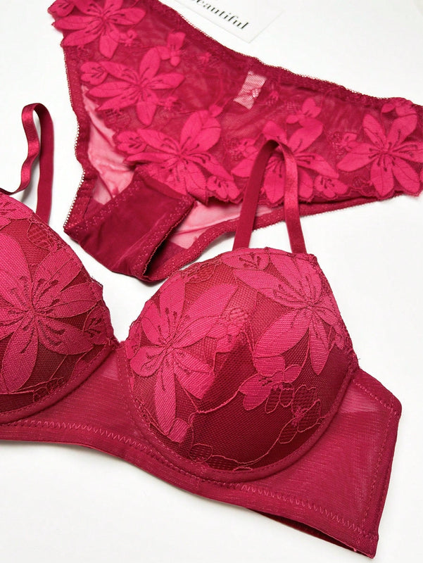 Conjunto De Ropa Interior Para Mujer De Brasier Con Encaje Floral Con Aros Y Calzoncillos Triangulares