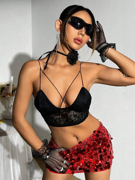 Top Corto Negro De Malla Bordado Para Mujer Y2k Spring Break, Estilo Corset Con Camisola Transparente