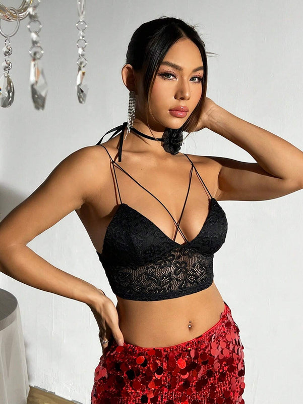 Top Corto Negro De Malla Bordado Para Mujer Y2k Spring Break, Estilo Corset Con Camisola Transparente