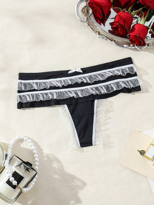 Fondo De Bikini De Malla Frontal Con Lazo Y Volante De Encaje