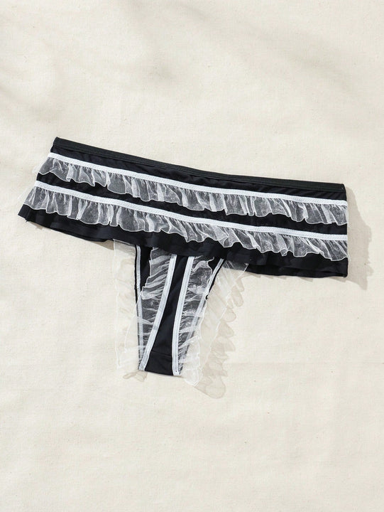 Fondo De Bikini De Malla Frontal Con Lazo Y Volante De Encaje