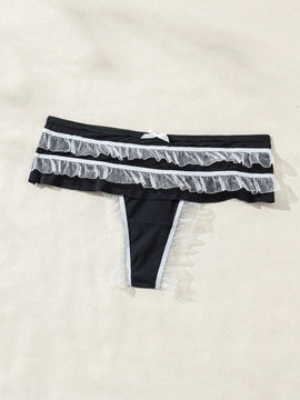 Fondo De Bikini De Malla Frontal Con Lazo Y Volante De Encaje