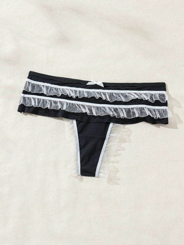 Fondo De Bikini De Malla Frontal Con Lazo Y Volante De Encaje
