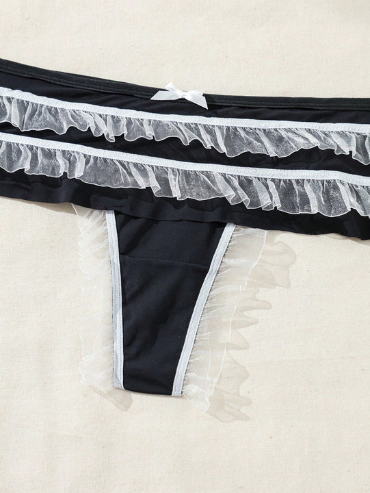 Fondo De Bikini De Malla Frontal Con Lazo Y Volante De Encaje