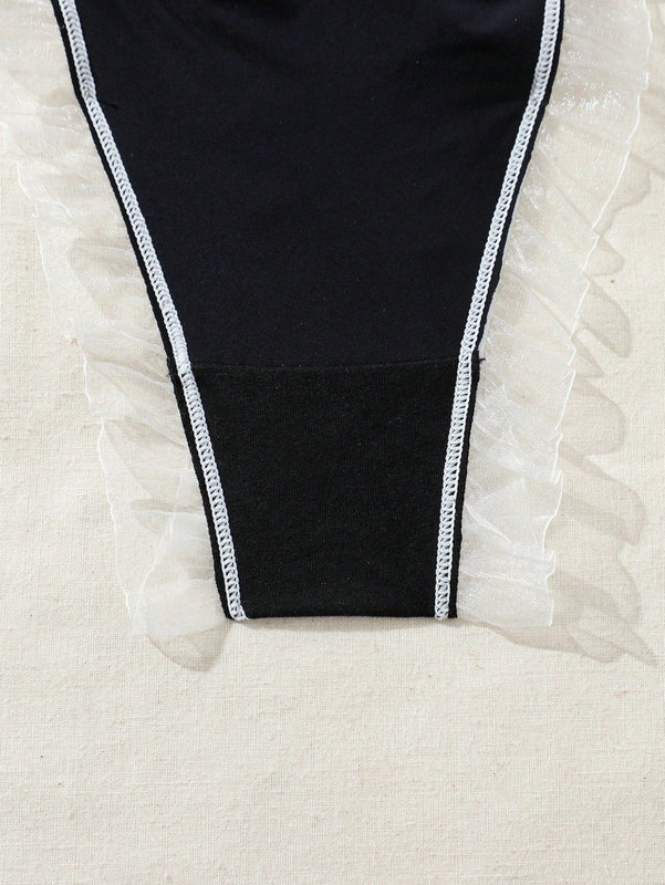 Fondo De Bikini De Malla Frontal Con Lazo Y Volante De Encaje