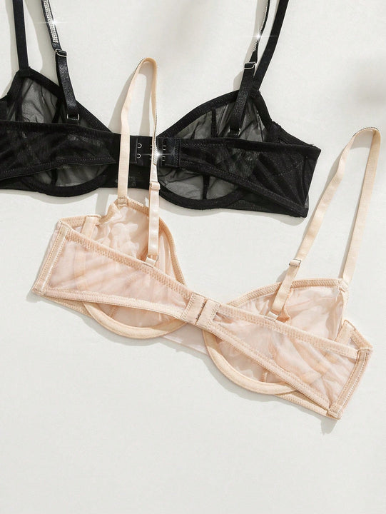 2 Piezas/set Sosten Decorado Con Diamantes Y Correa Tejida Para Mujer