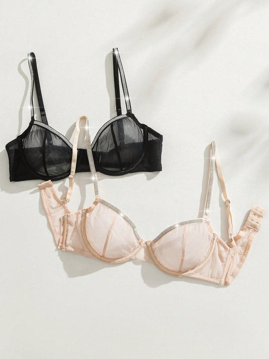 2 Piezas/set Sosten Decorado Con Diamantes Y Correa Tejida Para Mujer