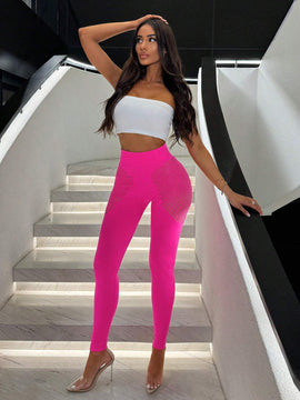 SXY Moda Del Dia De San Valentin Mujeres Guapas, Pantalones Largos Elasticos De Malla Hueca De Cintura Alta Apretados Para Fiesta Sexy De Chicas Calientes En Club Nocturno Con Textura De Seda Alta Elastica Sin Costuras Rosa Roja Y Rosa Fluorescente