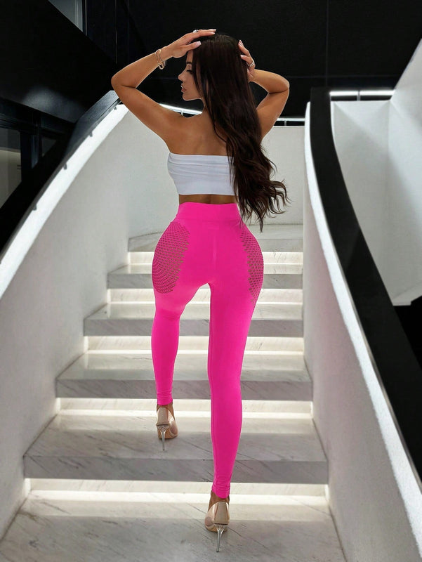 SXY Moda Del Dia De San Valentin Mujeres Guapas, Pantalones Largos Elasticos De Malla Hueca De Cintura Alta Apretados Para Fiesta Sexy De Chicas Calientes En Club Nocturno Con Textura De Seda Alta Elastica Sin Costuras Rosa Roja Y Rosa Fluorescente