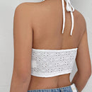 Qutie Blusa De Halter Bordada Y Hueca En Color Solido Para Mujer