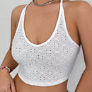 Qutie Blusa De Halter Bordada Y Hueca En Color Solido Para Mujer