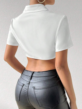 Essnce Blusa Asimetrica De Manga Corta Para Mujer Con Botones
