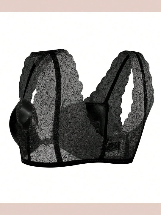 1 Pieza Sujetador Sin Cables Sexy Con Cierre Frontal De Encaje Y Estampado Floral