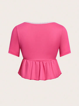 Camiseta De Mujer De Color Solido Con Cuello Redondo Y Dobladillo Con Volantes