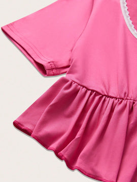 Camiseta De Mujer De Color Solido Con Cuello Redondo Y Dobladillo Con Volantes