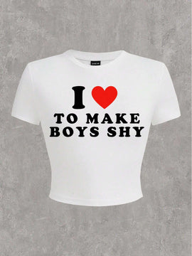Camiseta roja de San Valentin con corazon romantico, eslogan impreso casual y sencillo 'Me gusta hacer que los chicos se averguencen' en cuello redondo de manga corta para mujer ajustada