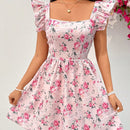 Wywh vestido de manga voladora corta con estampado floral para mujer