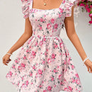 Wywh vestido de manga voladora corta con estampado floral para mujer