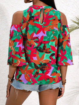 Clasi Camisa de moda para mujer con hombros descubiertos y patron floral calado