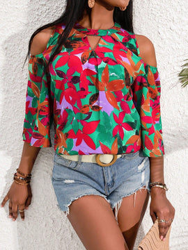 Clasi Camisa de moda para mujer con hombros descubiertos y patron floral calado