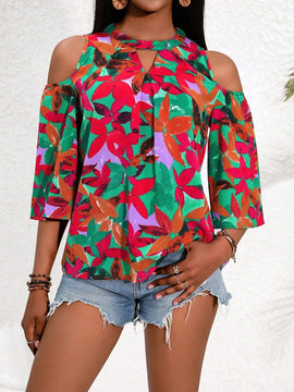 Clasi Camisa de moda para mujer con hombros descubiertos y patron floral calado