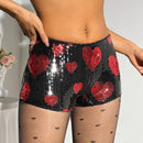 ICON Shorts De Mini Lentejuelas Con Cintura Ultra Baja En Forma De Corazon Rojo Para Mujeres