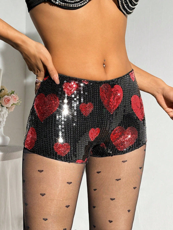 ICON Shorts De Mini Lentejuelas Con Cintura Ultra Baja En Forma De Corazon Rojo Para Mujeres