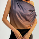Prive Blusa De Mujer De Diseno Solido Negro Y Dorado Gradiente Asimetrico Con Pliegues De Hombros Descubiertos