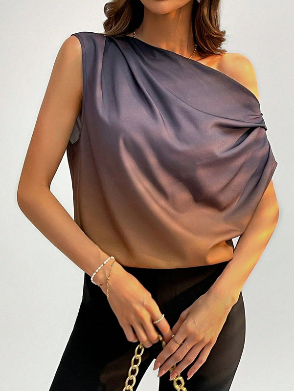 Prive Blusa De Mujer De Diseno Solido Negro Y Dorado Gradiente Asimetrico Con Pliegues De Hombros Descubiertos