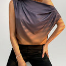 Prive Blusa De Mujer De Diseno Solido Negro Y Dorado Gradiente Asimetrico Con Pliegues De Hombros Descubiertos