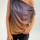Prive Blusa De Mujer De Diseno Solido Negro Y Dorado Gradiente Asimetrico Con Pliegues De Hombros Descubiertos