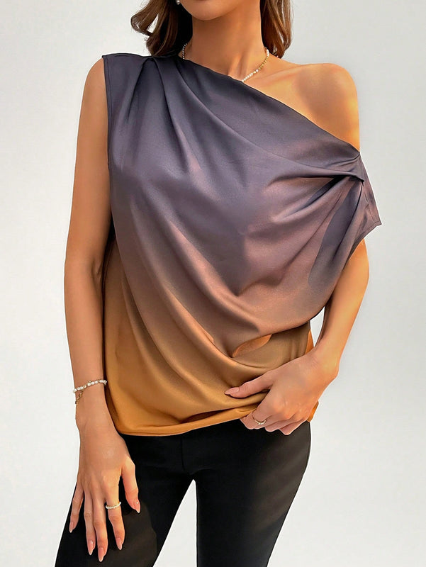 Prive Blusa De Mujer De Diseno Solido Negro Y Dorado Gradiente Asimetrico Con Pliegues De Hombros Descubiertos