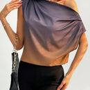 Prive Blusa De Mujer De Diseno Solido Negro Y Dorado Gradiente Asimetrico Con Pliegues De Hombros Descubiertos