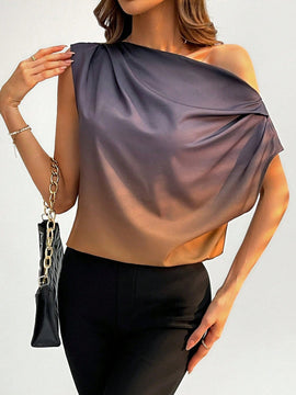 Prive Blusa De Mujer De Diseno Solido Negro Y Dorado Gradiente Asimetrico Con Pliegues De Hombros Descubiertos