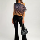 Prive Blusa De Mujer De Diseno Solido Negro Y Dorado Gradiente Asimetrico Con Pliegues De Hombros Descubiertos