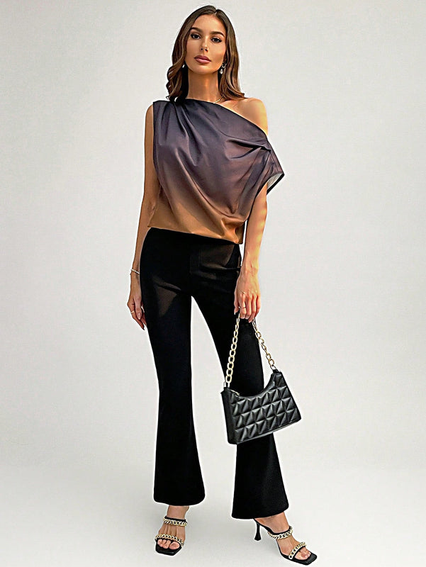Prive Blusa De Mujer De Diseno Solido Negro Y Dorado Gradiente Asimetrico Con Pliegues De Hombros Descubiertos