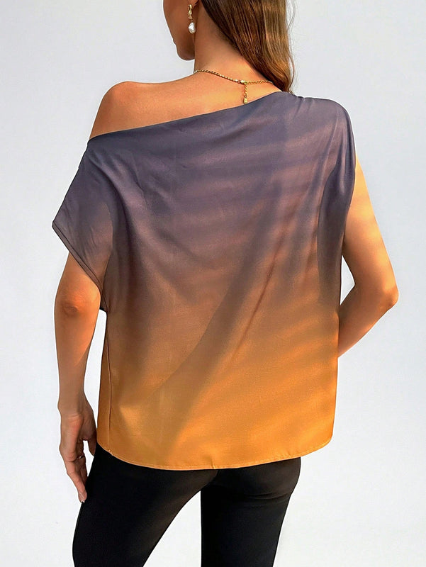 Prive Blusa De Mujer De Diseno Solido Negro Y Dorado Gradiente Asimetrico Con Pliegues De Hombros Descubiertos