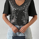 Essnce Camiseta De Cuello En V Con Parches Chispeantes De Lentejuelas Para Mujer