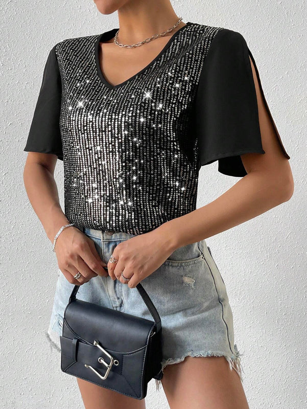 Essnce Camiseta De Cuello En V Con Parches Chispeantes De Lentejuelas Para Mujer