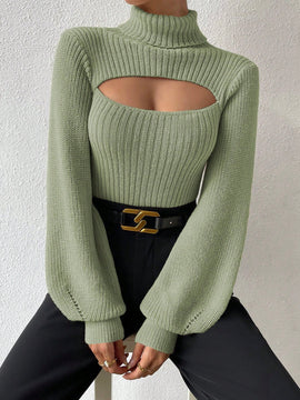 Prive Sueter De Cuello Alto Para Mujer Con Mangas De Farol Huecas