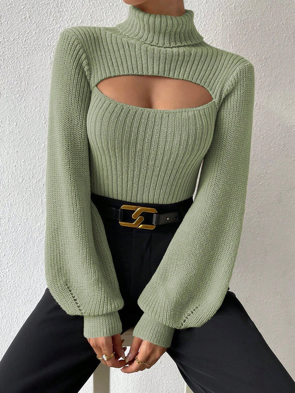 Prive Sueter De Cuello Alto Para Mujer Con Mangas De Farol Huecas